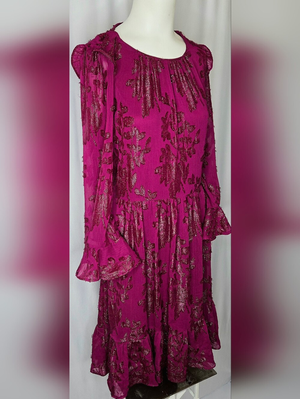 Calvin Klein Metallic Floral Burnout Dress Fuchsia Pink Wedding Guest 12 NWOT - Picture 4 of 11